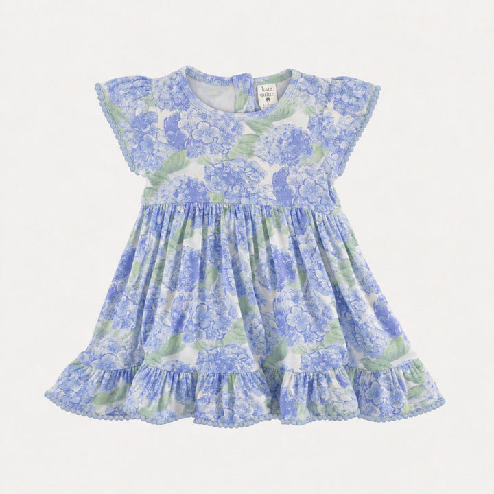 PREORDER flutter sleeve pom pom pinafore dress | blue hydrangea | bamboo