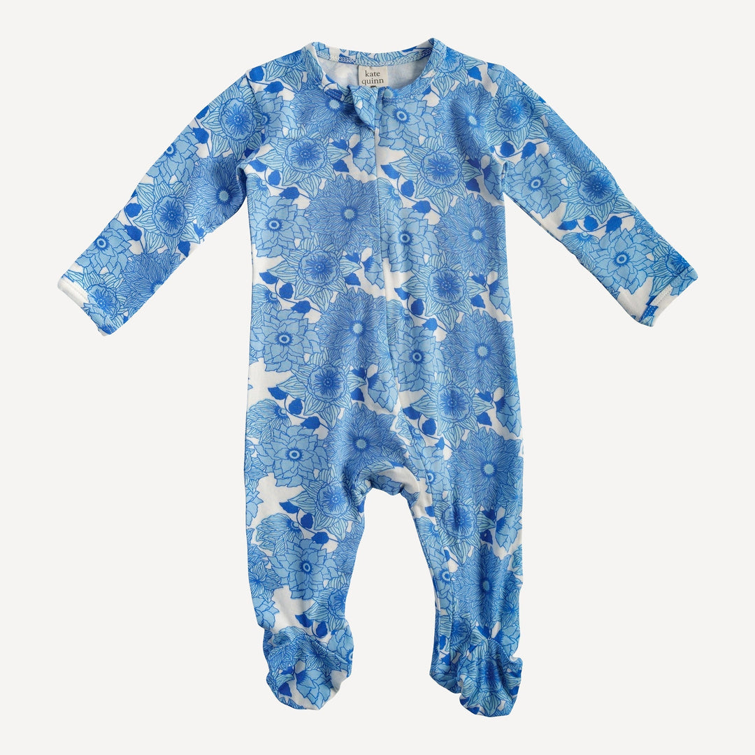 PREORDER long sleeve two way zipper footie | blue vintage floral | bamboo