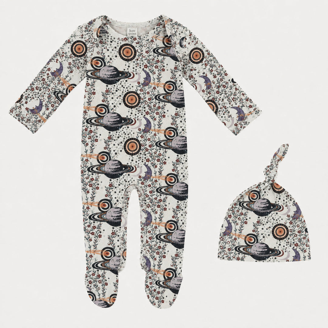 PREORDER long sleeve lap neck footie + knot hat set | mystical planets | bamboo