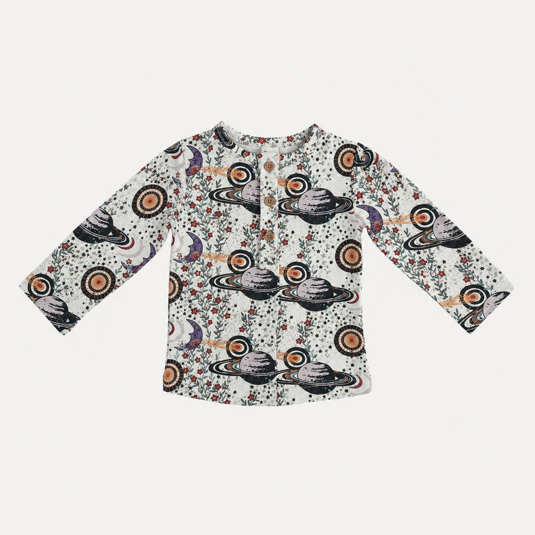 PREORDER long sleeve basic henley tee | mystical planets | bamboo