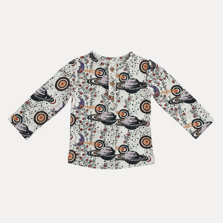 PREORDER long sleeve basic henley tee | mystical planets | bamboo