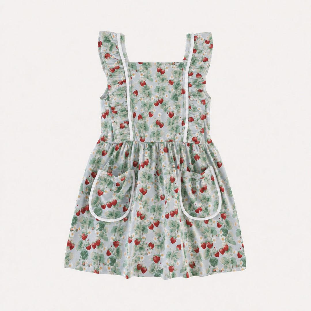 PREORDER sleeveless piped pinafore ruffle dress | strawberry vine | bamboo