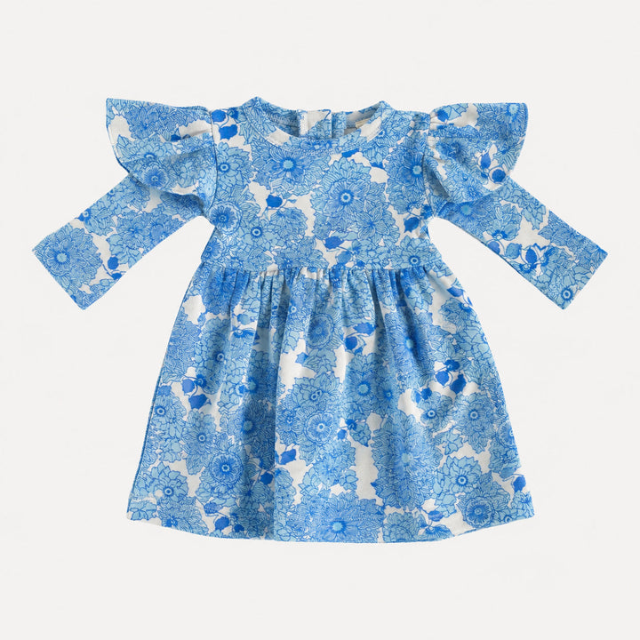 PREORDER long sleeve flutter sleeve dress | blue vintage floral | bamboo