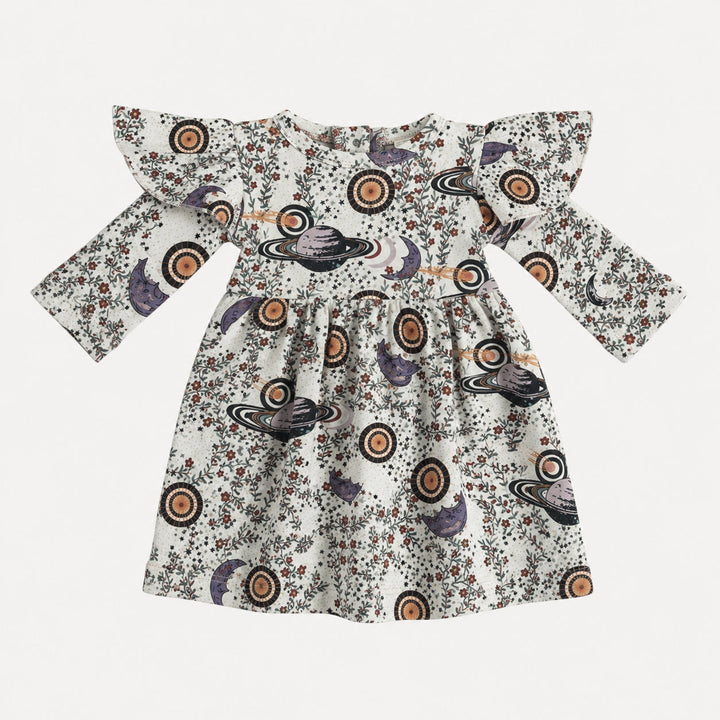 PREORDER long sleeve flutter sleeve dress | mystical planets | bamboo