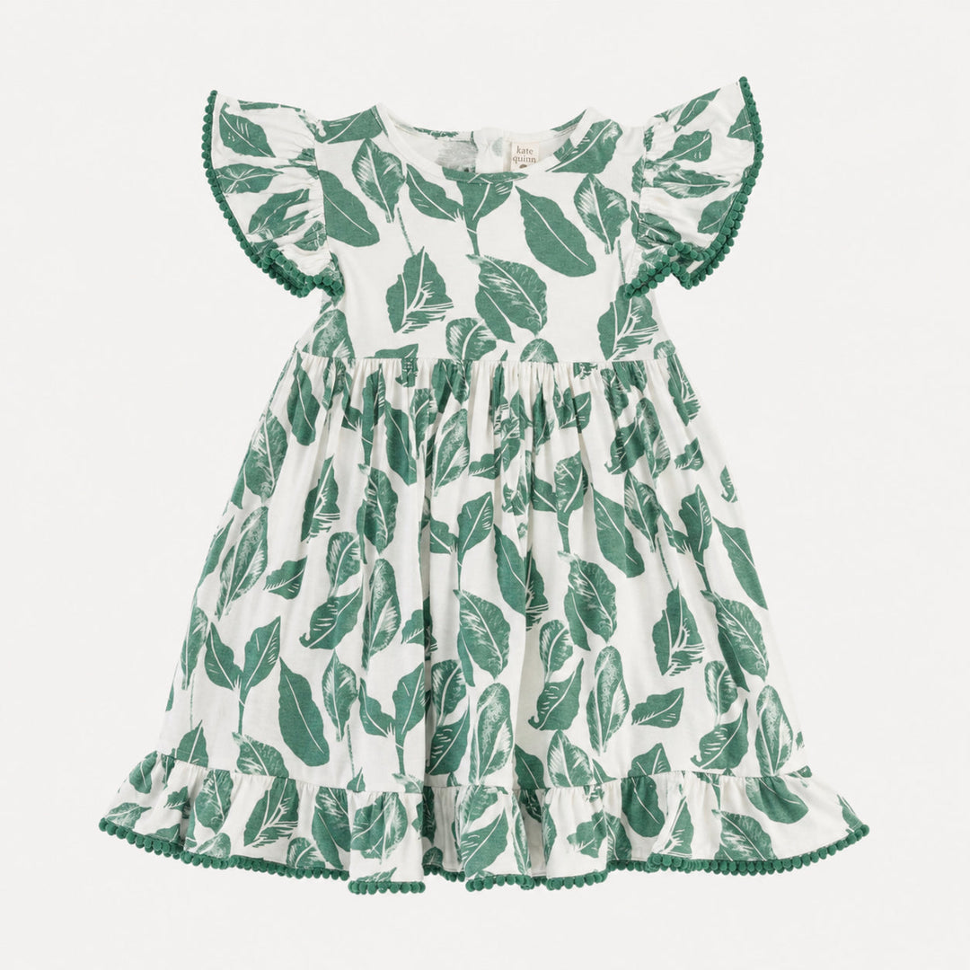 PREORDER flutter sleeve pom pom pinafore dress | jade leaf | bamboo