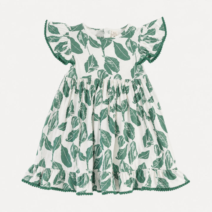 PREORDER flutter sleeve pom pom pinafore dress | jade leaf | bamboo