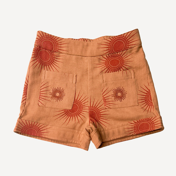 sun embroidered patch pocket short | mango sun | organic cotton gauze