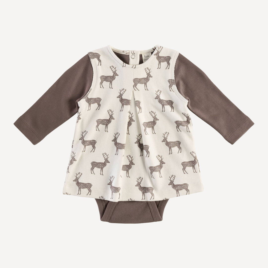 long sleeve pleated dress bodysuit | coffee reindeer | organic cotton flat rib