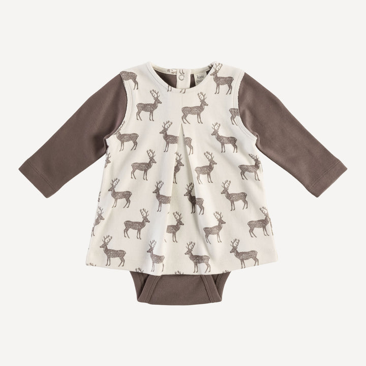 long sleeve pleated dress bodysuit | coffee reindeer | organic cotton flat rib
