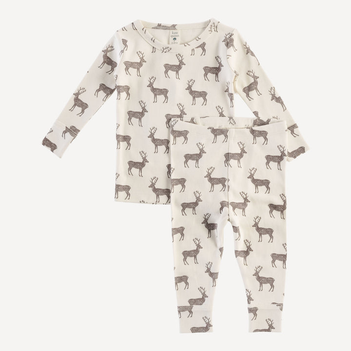 long sleeve crew neck pj set | coffee reindeer | organic cotton flat rib