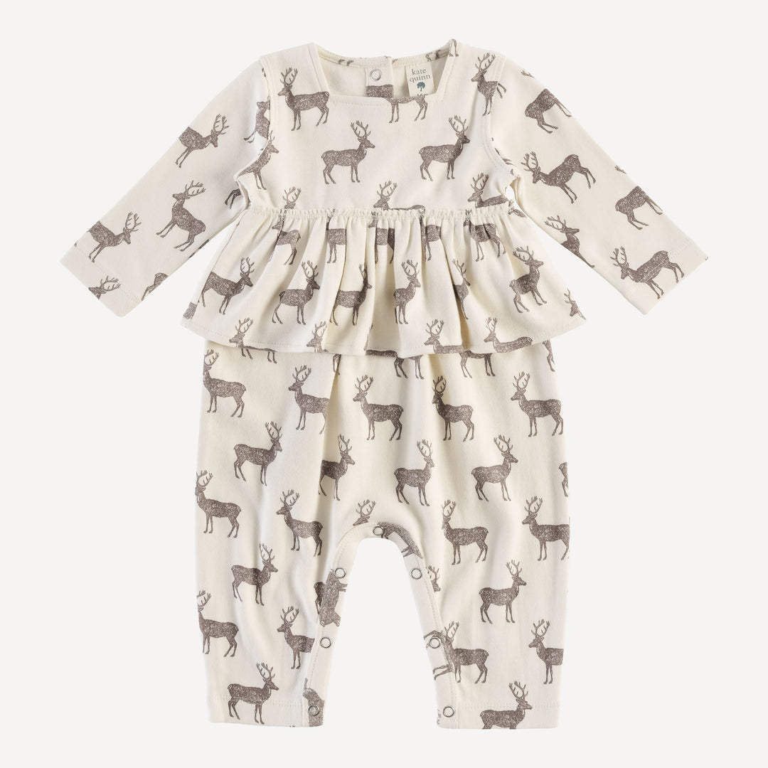 long sleeve ruffle balloon jumpsuit | coffee reindeer | organic cotton flat rib