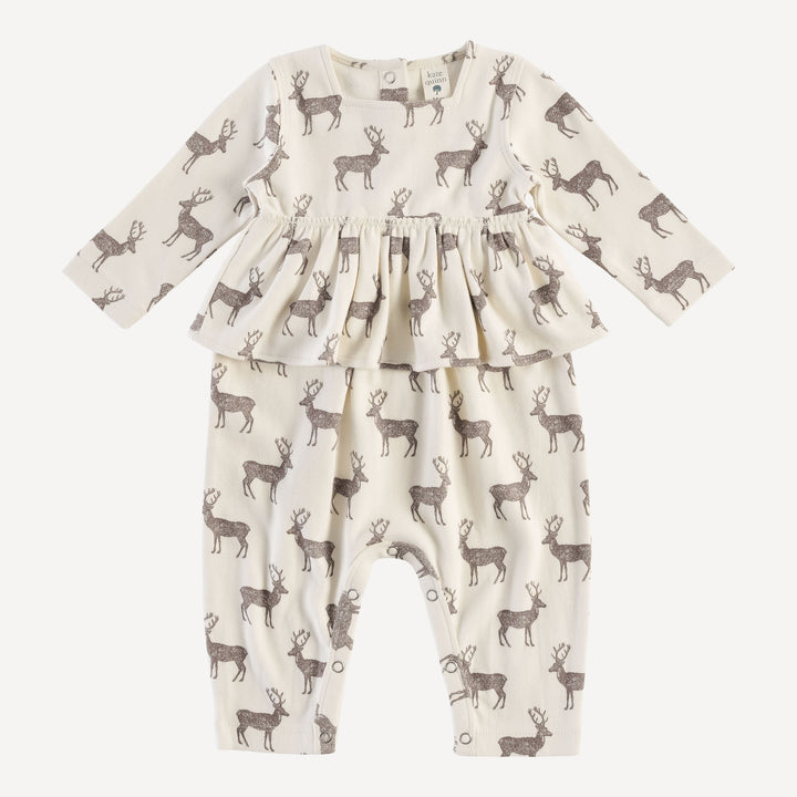 long sleeve ruffle balloon jumpsuit | coffee reindeer | organic cotton flat rib
