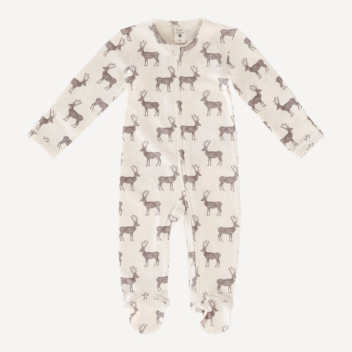 long sleeve two way zipper footie | coffee reindeer | organic cotton flat rib