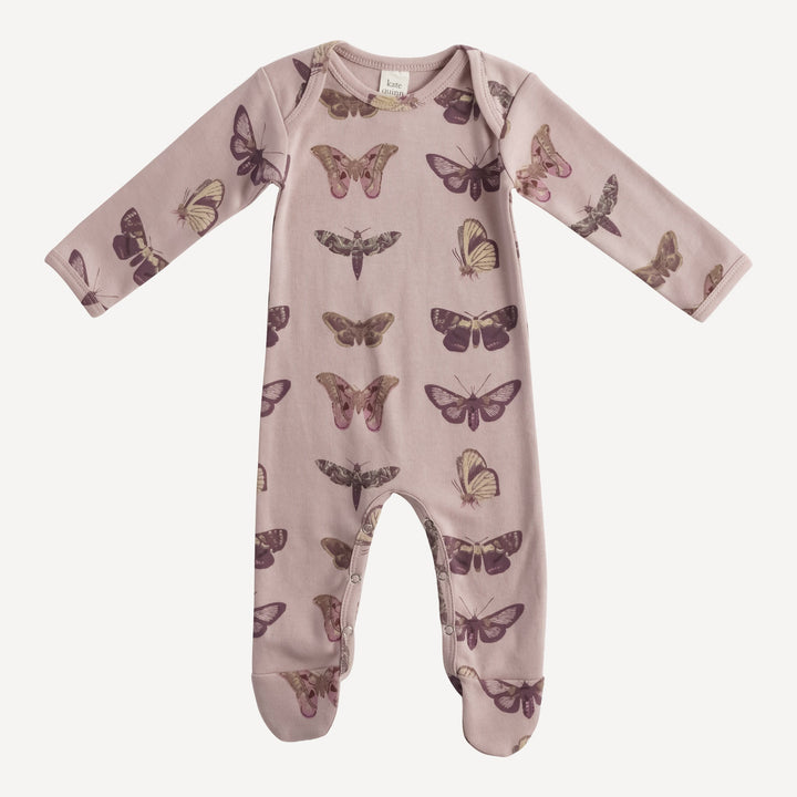PREORDER long sleeve lap neck footie | purple moths | organic cotton interlock