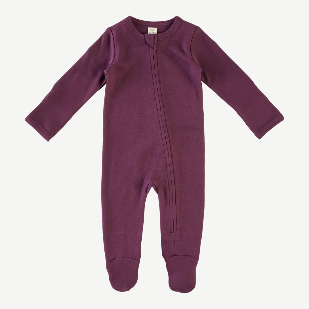PREORDER long sleeve two way zipper footie | deep purple | organic cotton interlock