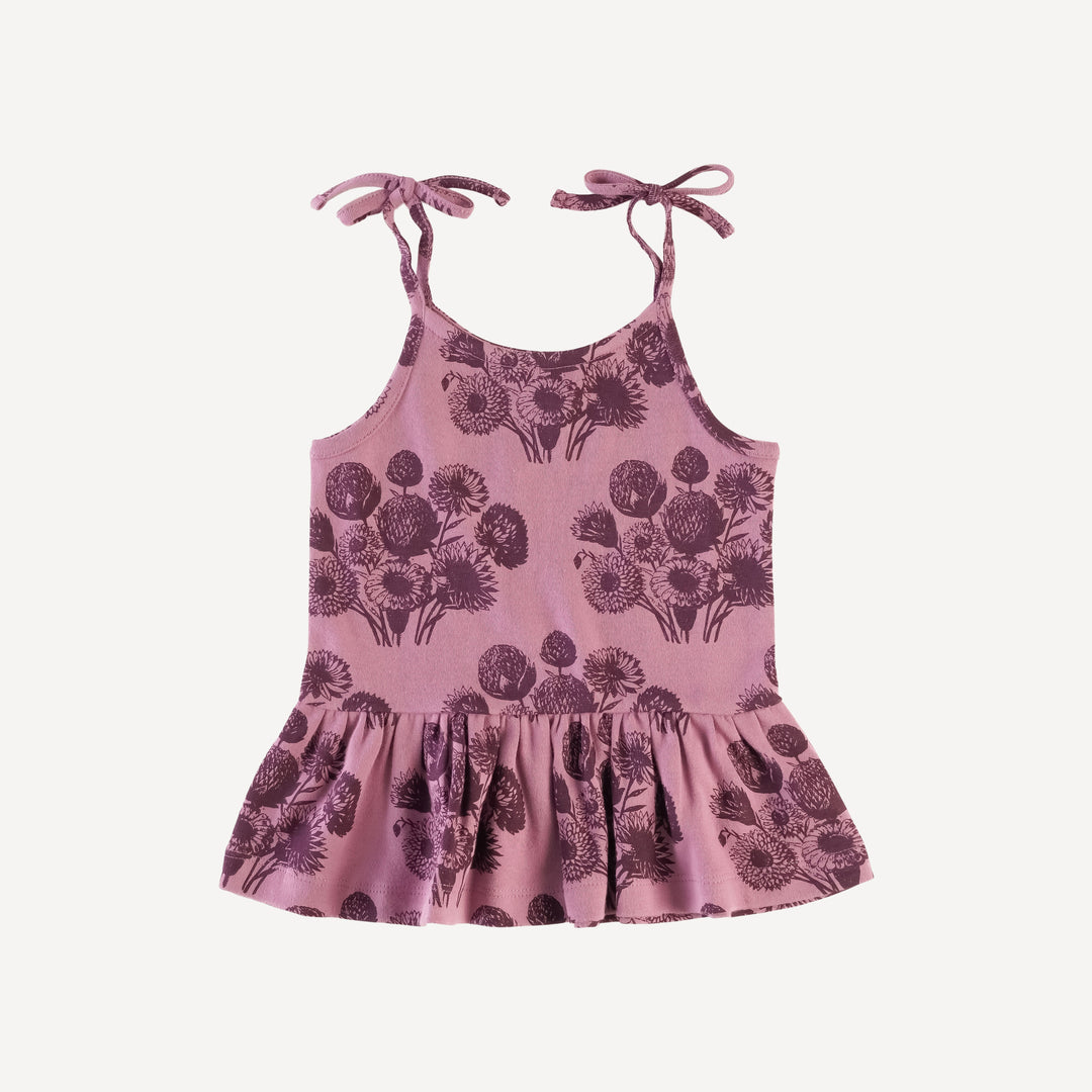 PREORDER spaghetti tie drop waist gathered top | french violet dahlia | organic cotton interlock