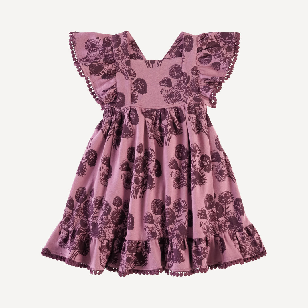 PREORDER ruffle strap pom pom dress | french violet dahlia | organic cotton interlock