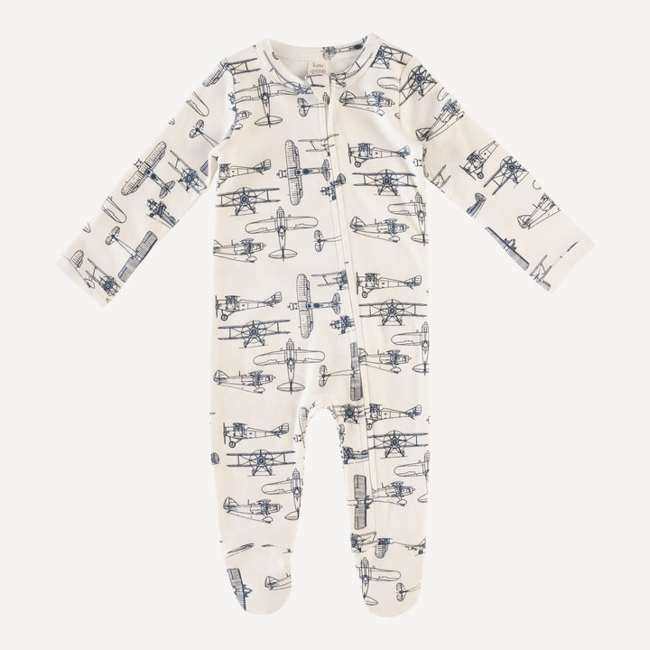 PREORDER long sleeve two way zipper footie | vintage airplane | organic cotton interlock