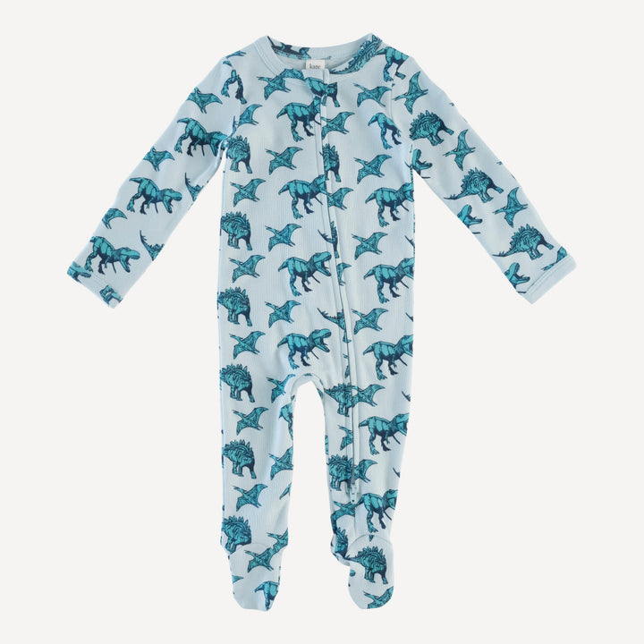 PREORDER long sleeve two way zipper footie | aqua dinosaur | organic cotton interlock