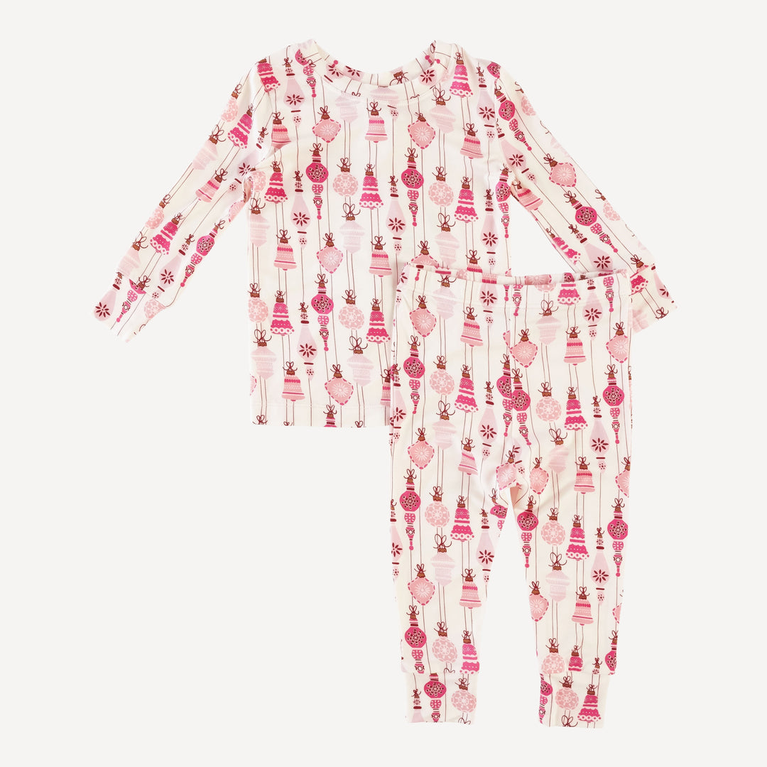 long sleeve crew neck pj set | pink vintage ornaments | bamboo