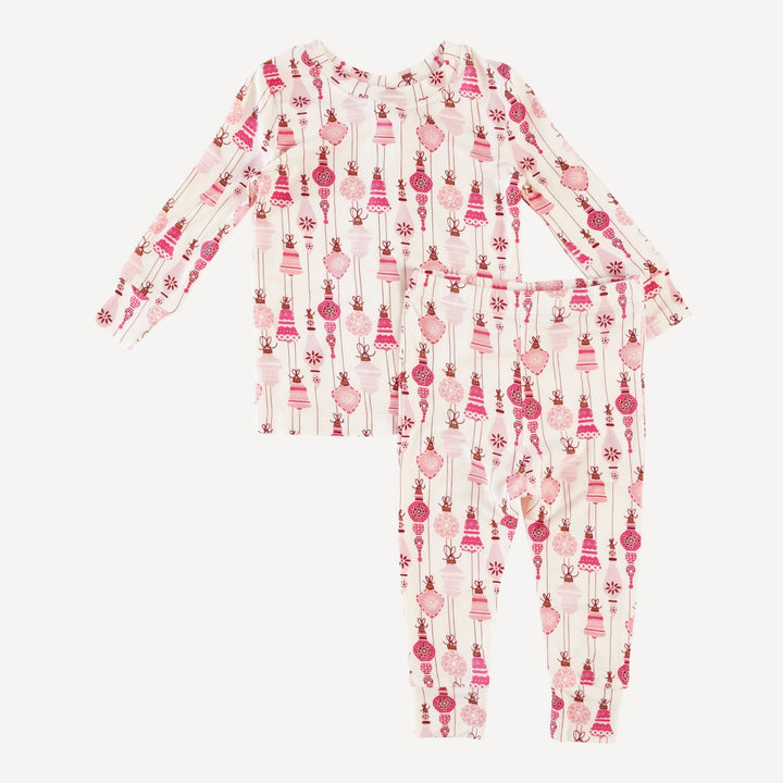 long sleeve crew neck pj set | pink vintage ornaments | bamboo
