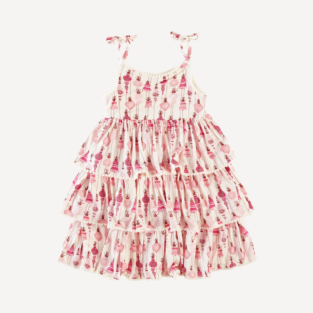 spaghetti tie ruched ruffle tier pom pom dress | pink vintage ornaments | bamboo