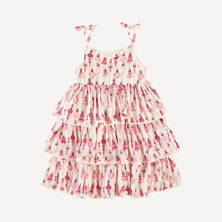 spaghetti tie ruched ruffle tier pom pom dress | pink vintage ornaments | bamboo