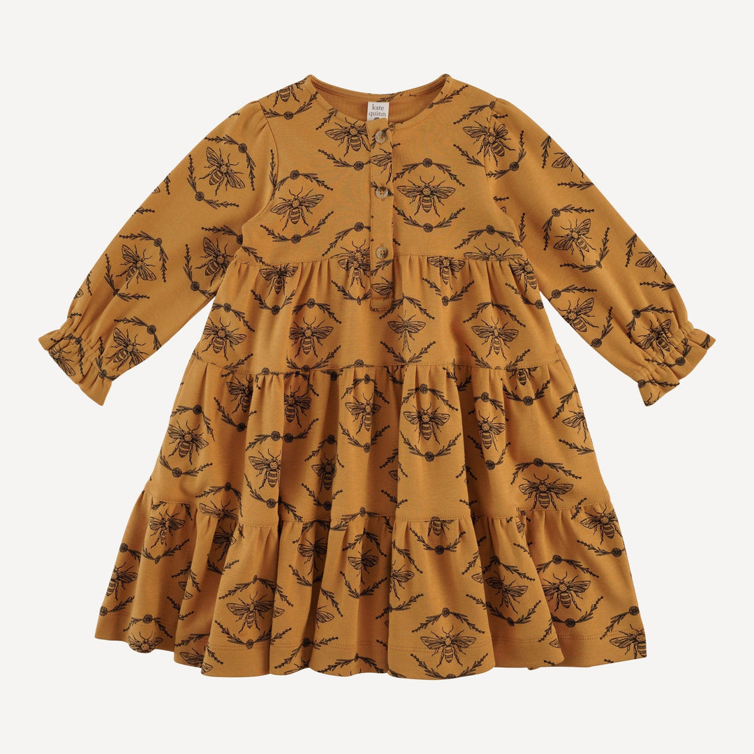 PREORDER long sleeve prairie dress | apple cinnamon bee floral | organic cotton interlock