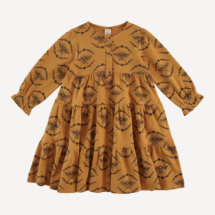 PREORDER long sleeve prairie dress | apple cinnamon bee floral | organic cotton interlock