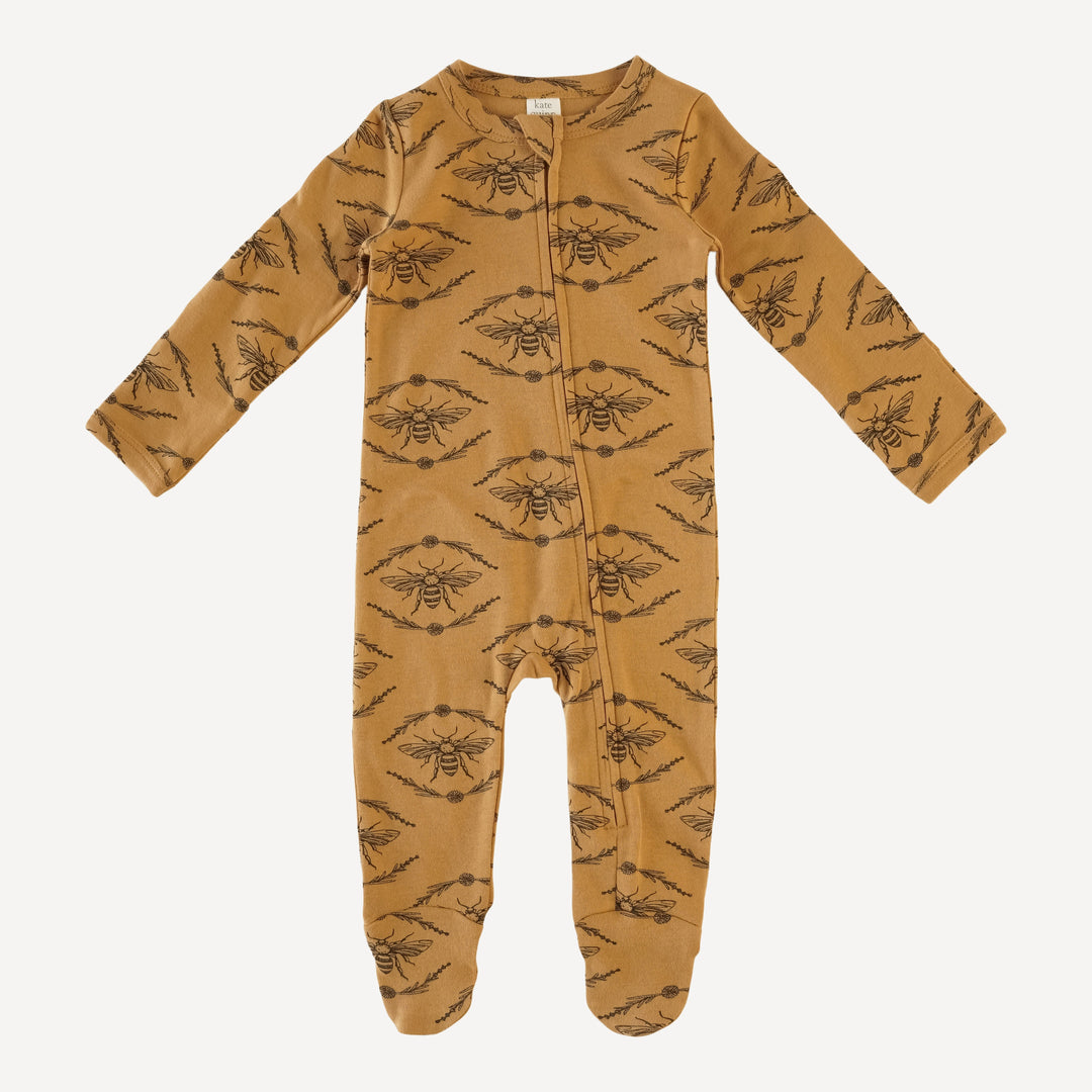 PREORDER long sleeve two way zipper footie | apple cinnamon bee floral | organic cotton interlock