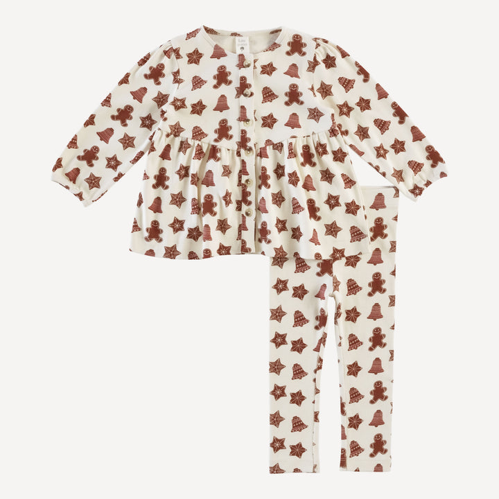 long sleeve button front v-waist top + legging set | gingerbread cookies | organic cotton flat rib