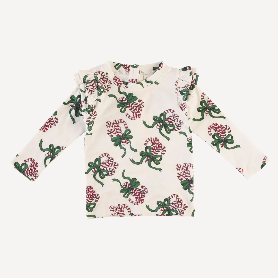 long sleeve double ruffle top | candy canes | organic cotton flat rib