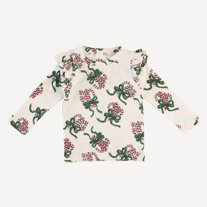 long sleeve double ruffle top | candy canes | organic cotton flat rib