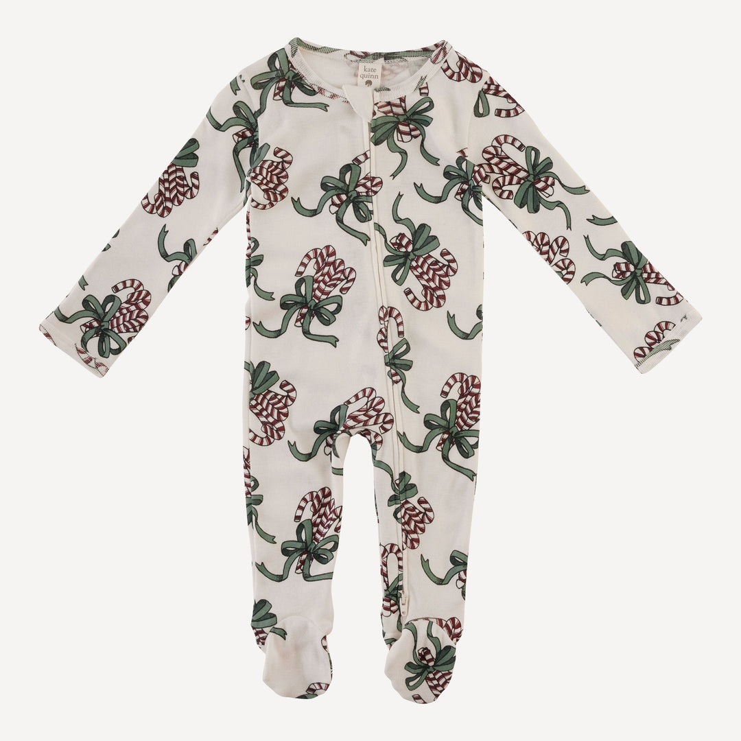 long sleeve two way zipper footie | candy canes | organic cotton flat rib