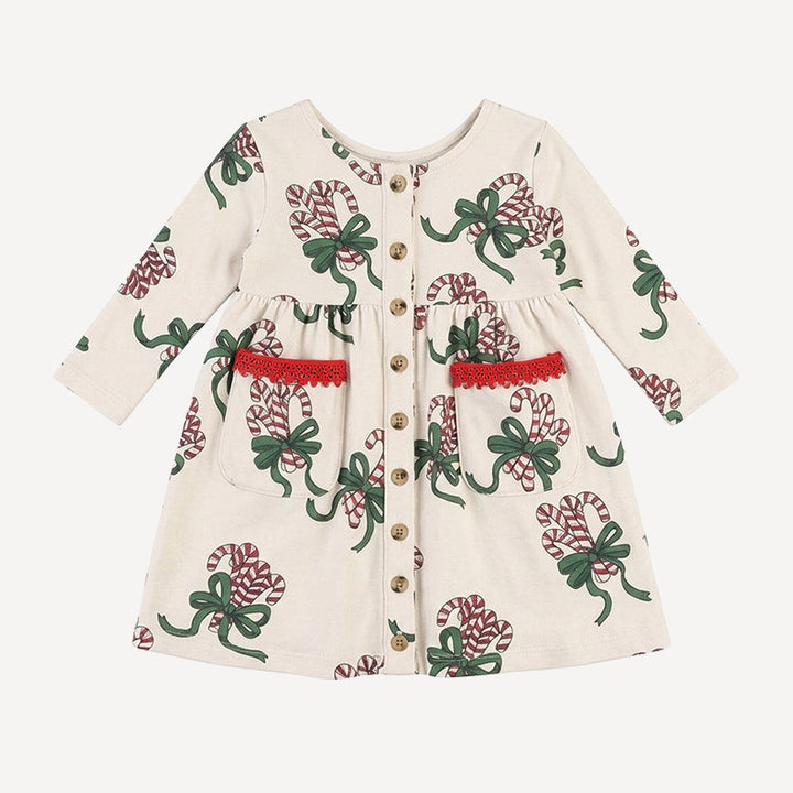 long sleeve drew dress | candy canes | organic cotton flat rib