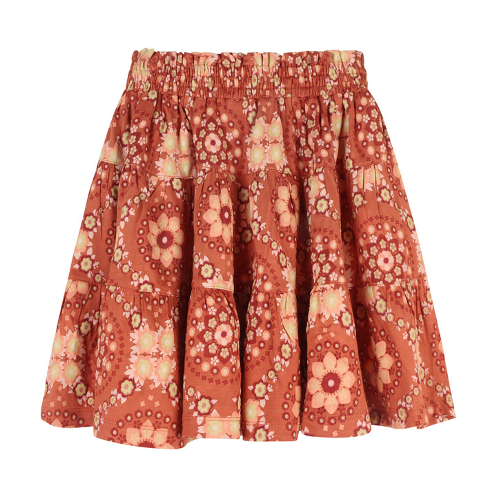 smocked tiered gathered maxi skirt | 70s floral wallpaper | bamboo