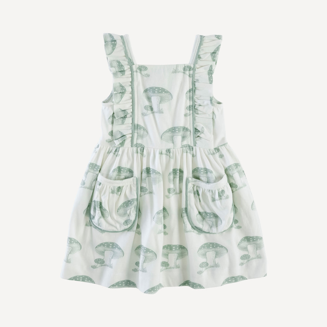 piped flutter pinafore pocket dress | jadeite toadstool | organic cotton jersey