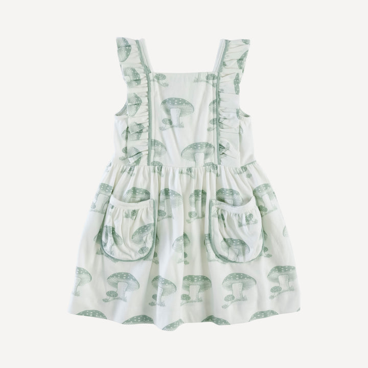 piped flutter pinafore pocket dress | jadeite toadstool | organic cotton jersey