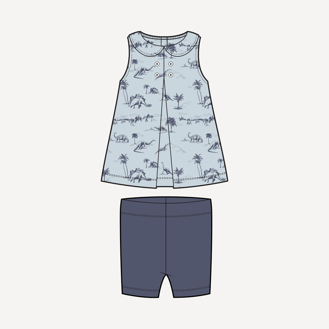 PREORDER kick pleat peter pan top + bike short set | blue dino landscape | bamboo