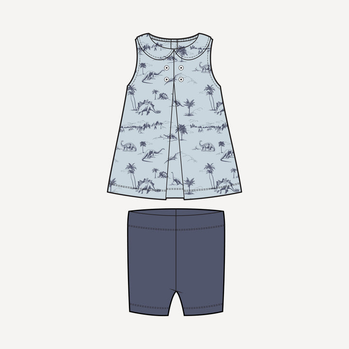 PREORDER kick pleat peter pan top + bike short set | blue dino landscape | bamboo