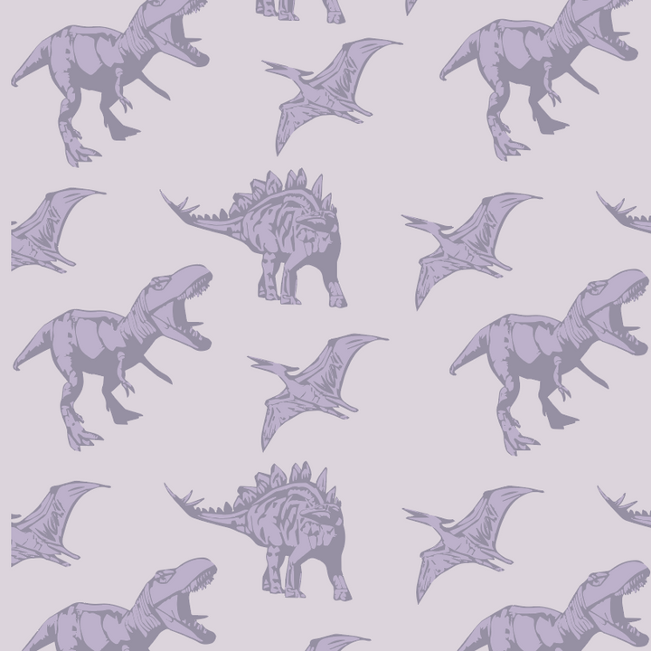 PREORDER long sleeve gathered t-shirt dress | lavender dinosaur | organic cotton interlock