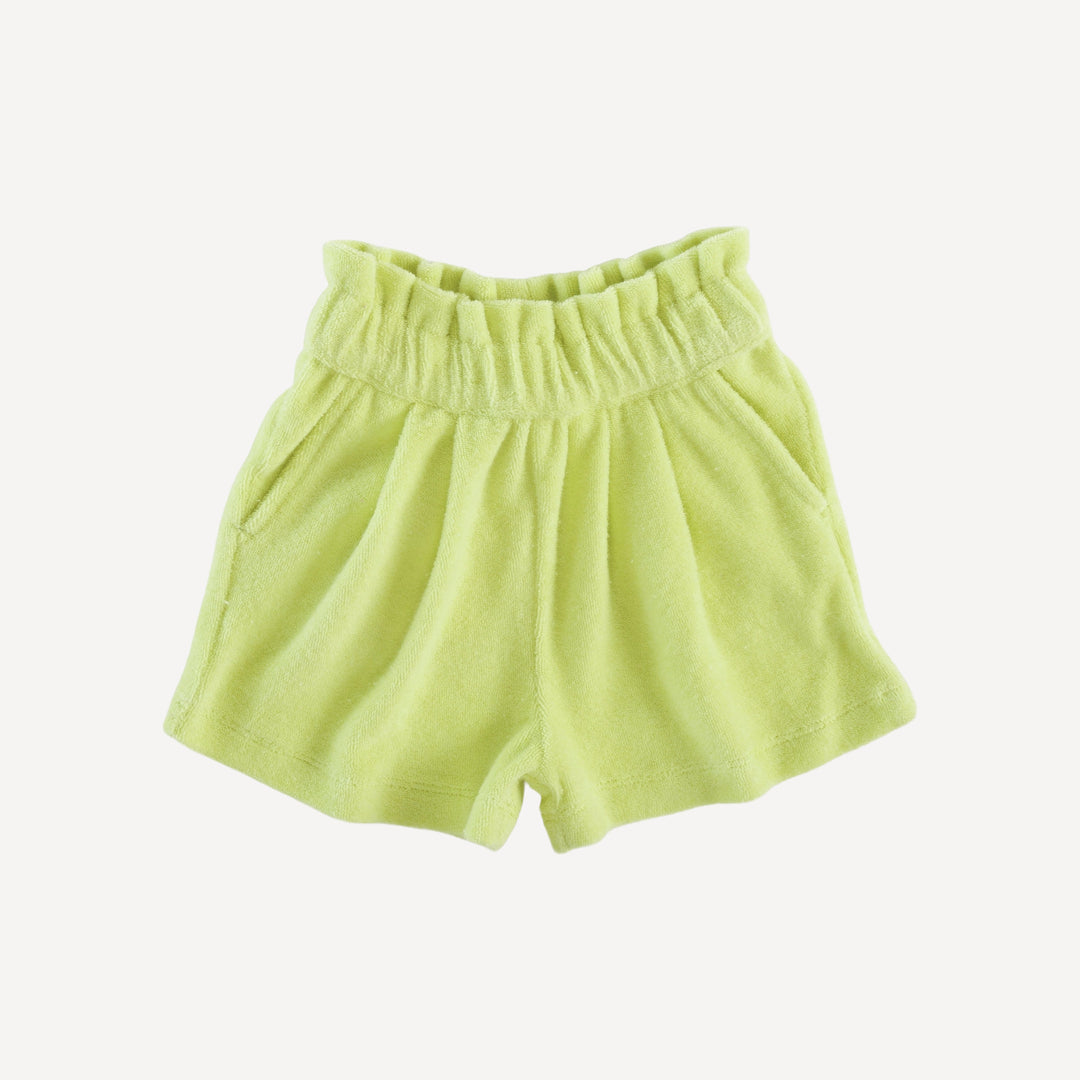 pleated gathered waist short | lime | organic cotton terry