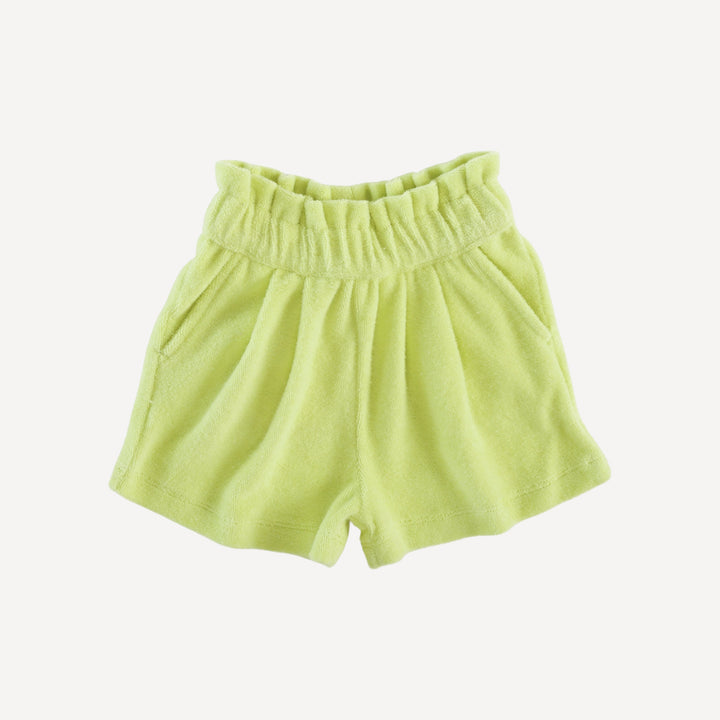 pleated gathered waist short | lime | organic cotton terry