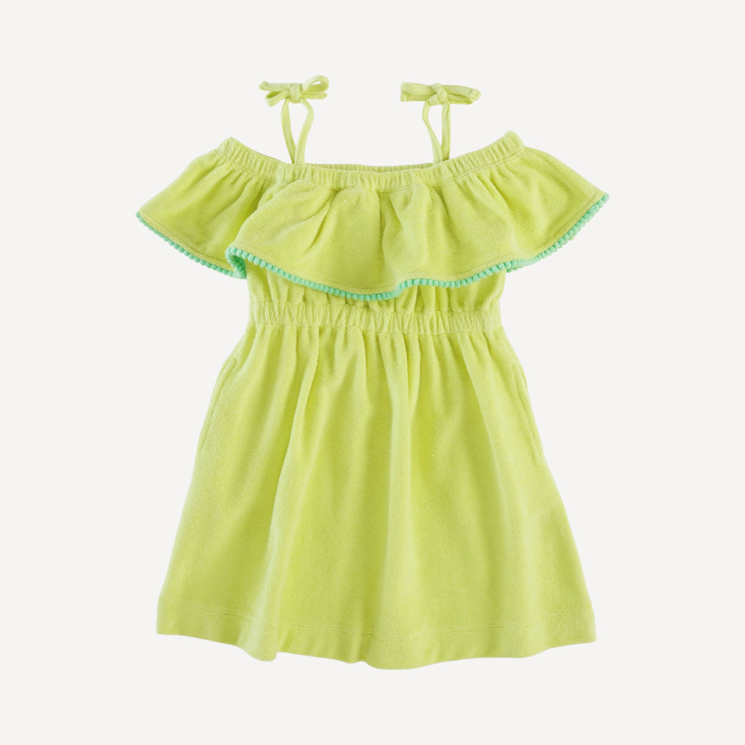 off shoulder ruffle dress | lime | organic cotton terry