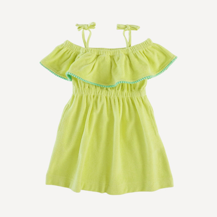 off shoulder ruffle dress | lime | organic cotton terry