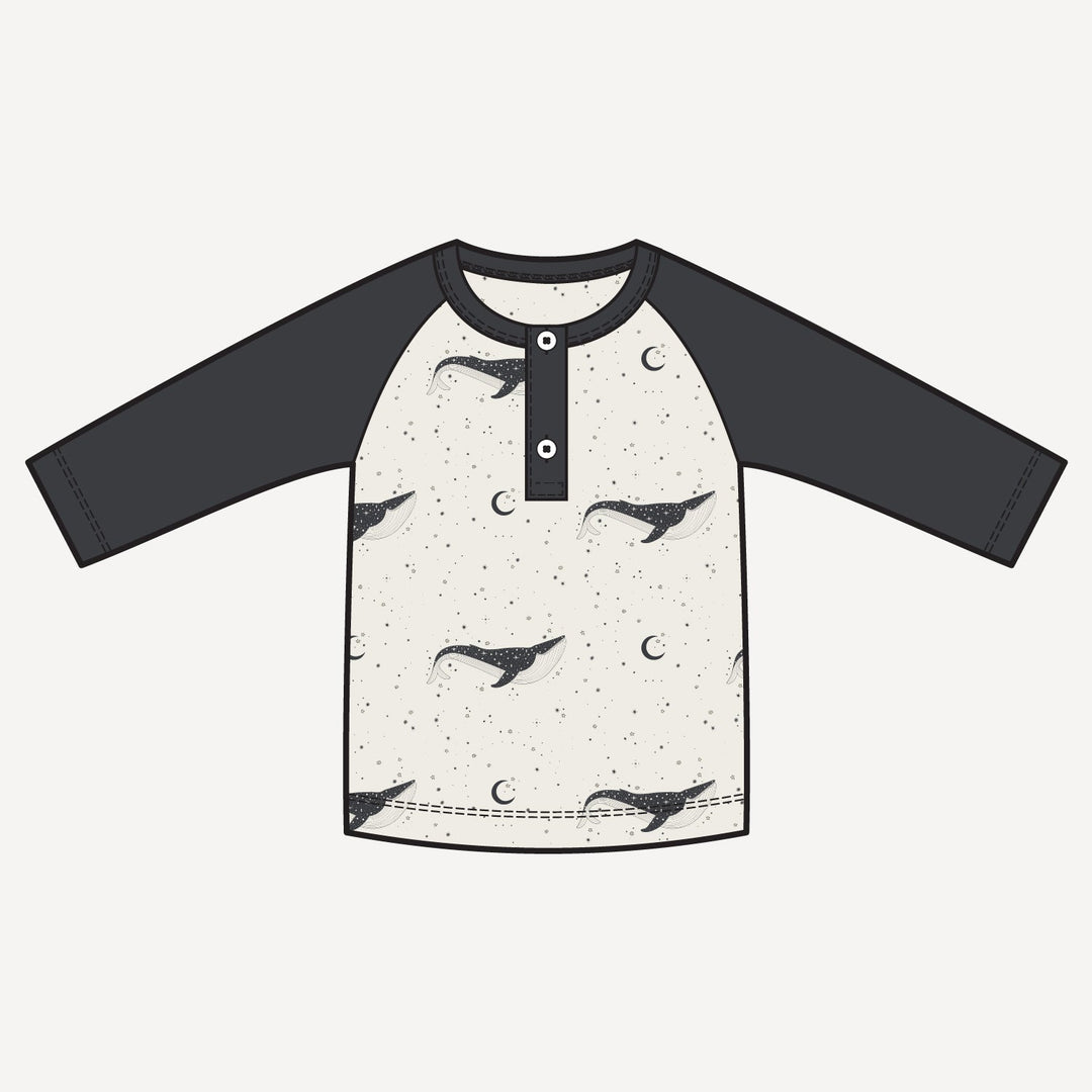 PREORDER long sleeve baseball henley tee | mystical whales | bamboo