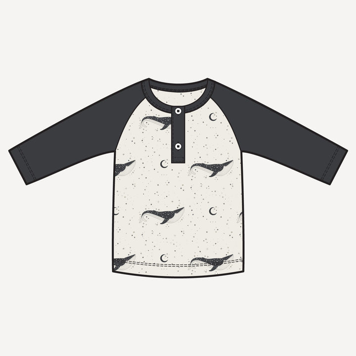 PREORDER long sleeve baseball henley tee | mystical whales | bamboo