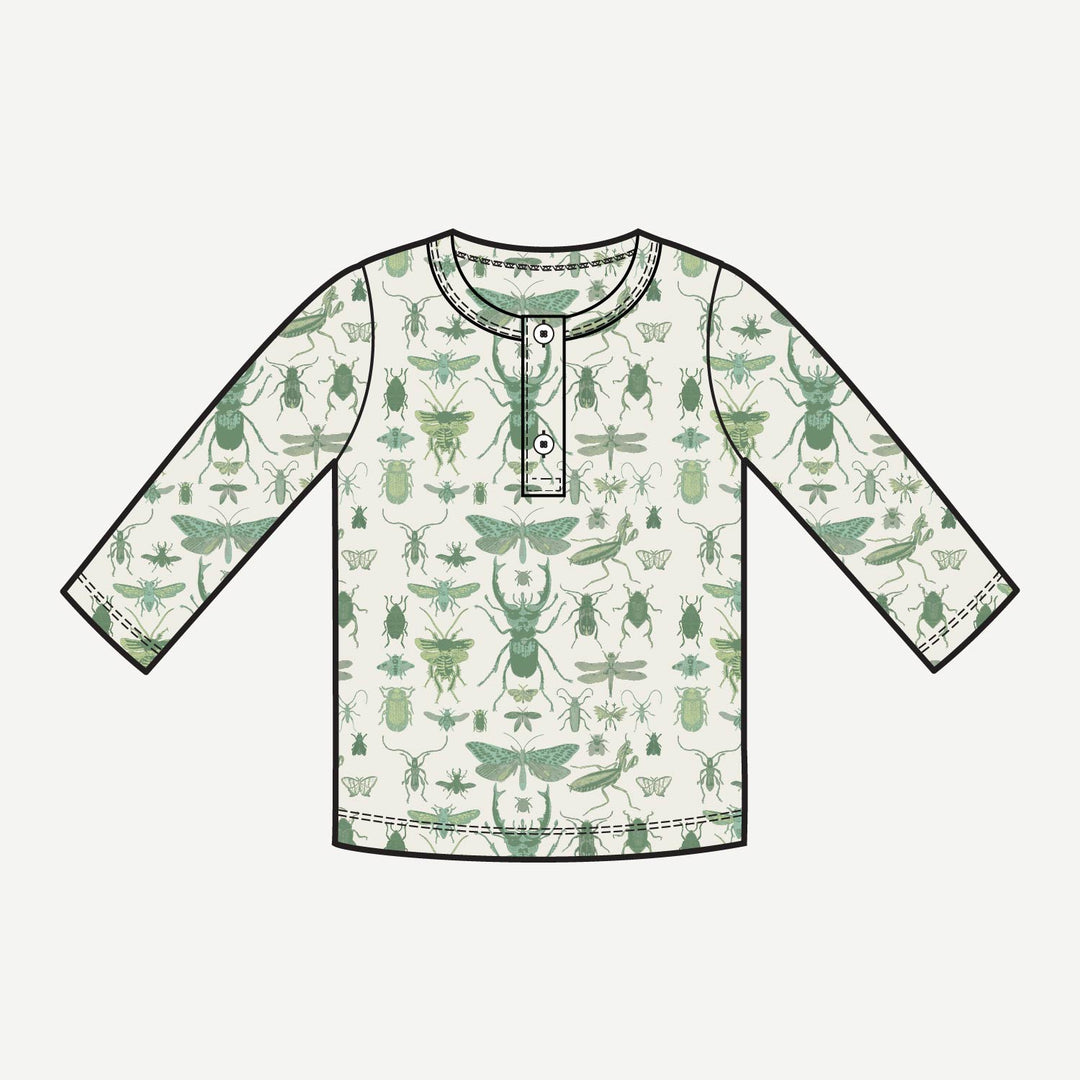 PREORDER long sleeve basic henley tee | green insects | modal