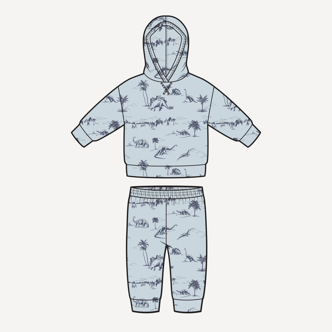 PREORDER long sleeve hooded cuffed jogger set | blue dino landscape | bamboo
