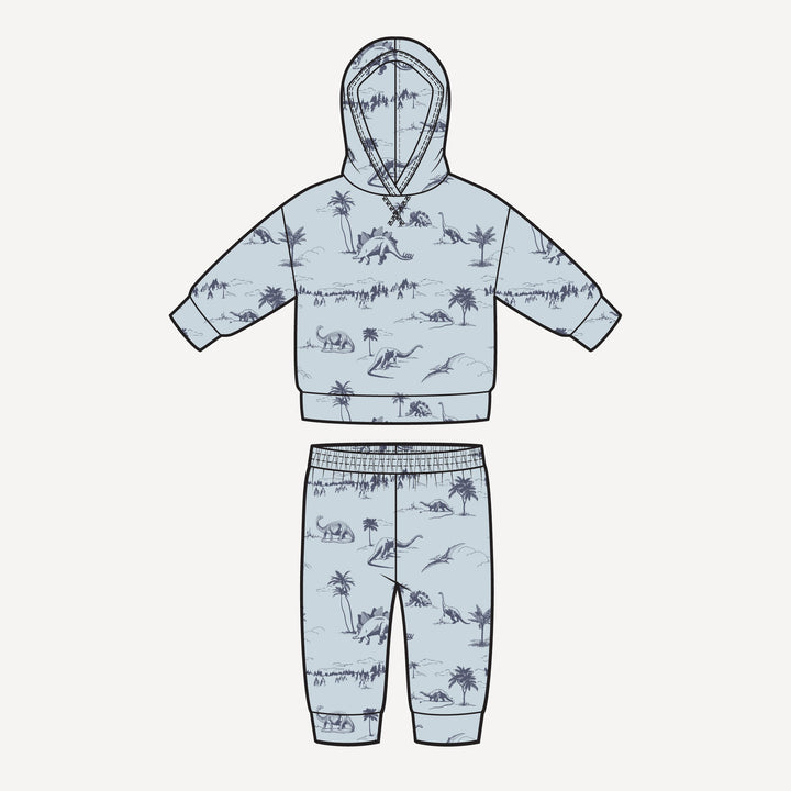 PREORDER long sleeve hooded cuffed jogger set | blue dino landscape | bamboo